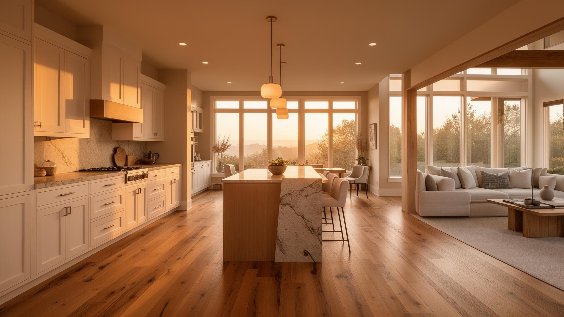 Premium open-concept interior with warm hardwood floors and natural light